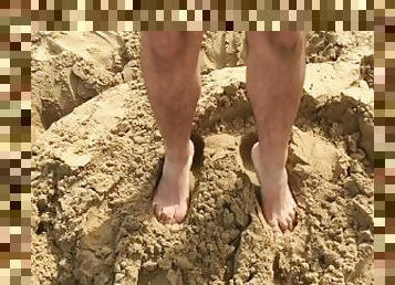 MANLYFOOT - Slow motion smashing and stomping on sand castle on the beach with big male feet