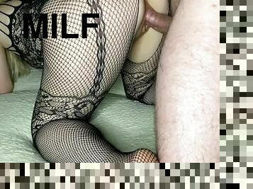 Horny MILF sucks cock and gets cum on her big round ass