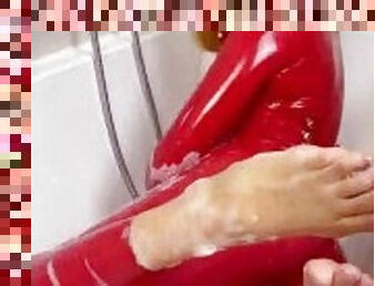 badning, massage, bdsm, slave, fødder, rødhåret, synsvinkel, blond, latex, elskerinde