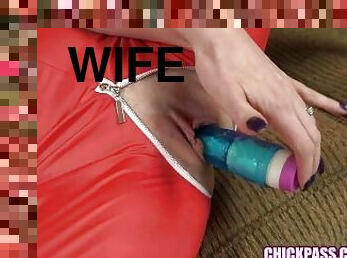 ChickPass - Housewife Aria Khaide unzips her catsuit to do a dildo
