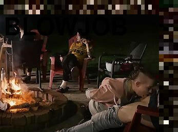 Submissive cum-smore by the fire