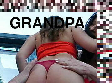 Horny grandpa has his big cock sucked by two sexy babes
