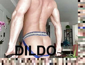 Muscle jock in jockstrap Skyy Know riding big fat dildo 