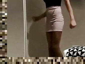 Tranny dances and preens in front of mirror