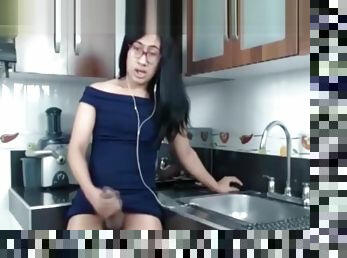 Monstercock lady-boy latin chick Jerking In The Kitchen!