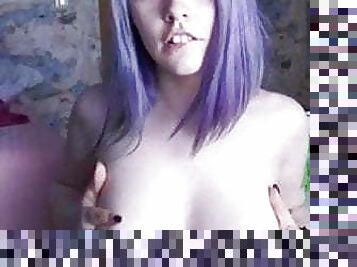 girl with purple hair and big boobs in hump in slow motion