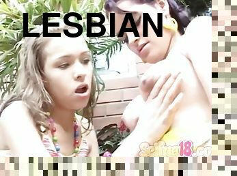 Lesbian teen slut plays with blonde pussy