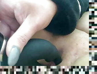 Wife playing with big black rampant rabbit