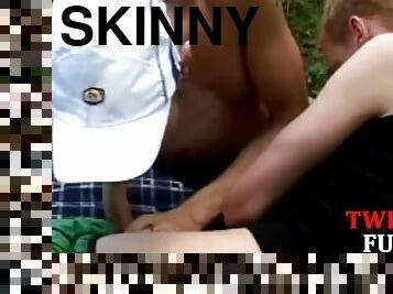 Skinny twinks breeding for cum in ass outdoors