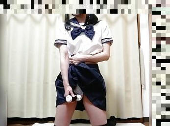 JK????????????????????? Vibrator masturbation orgasm with Japanese JK cosplay. Selfie