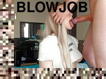 Blonde makes an intense blowjob no hands and gets cum in her throat! Cum swallow, sloppy facefuck