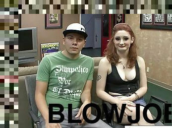 The hot redhead gets banged while he watches