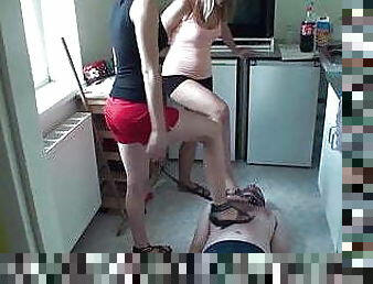 sadistic girls trample poor joschi in kitchen