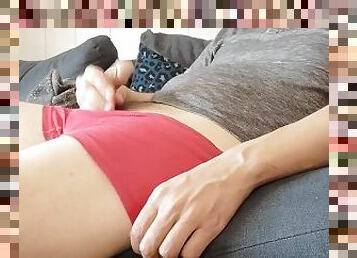Jerking off on my sofa and cumming on my belly