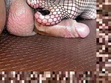 Seamed fishnets footjob tease