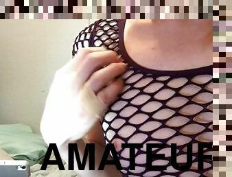 Enby in Fishnet Top Stroking and Playing with Dildo