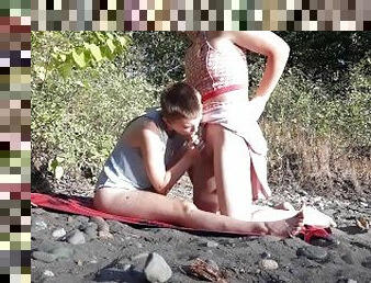 Two trans teens take a risky fuck outdoors by a river. Trans couple