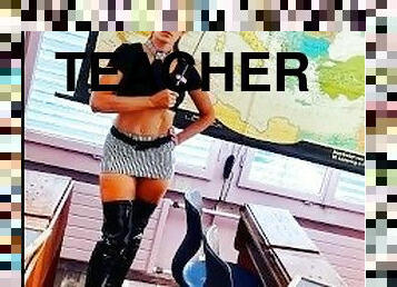Teacher Mistress fucks student and makes him cum on blackboard