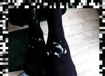 Cumshot on my neighbour's stockings before going out to the party