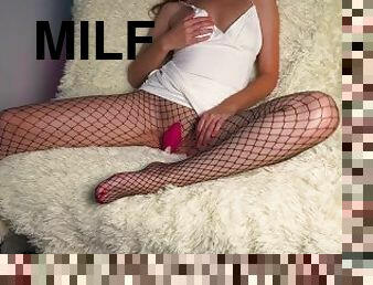 Milf masturbates with a vibrator and cums loudly on camera. 4k video