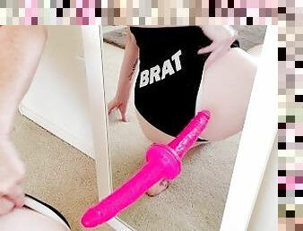 Naughty Brat Teases Peeping Step Dad With Mirror Dildo Fucking.