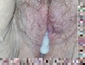 røv, behåret, fisse-pussy, amatør, udløsning, milf, mor, creampie, par, sperm