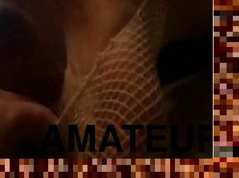 Sexy partial ripped fishnet footjob