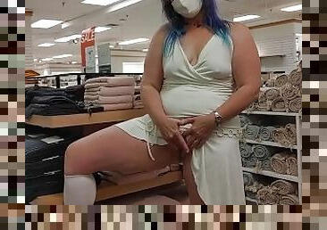 Blue hair Milf in white mastrubates in busy store