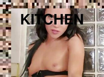 Sexy teen masturbates with a pepper grinder on the kitchen counter