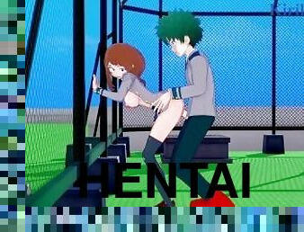 Ochako Uraraka and Izuku Midoriya have deep sex on the school roof. - My Hero Academia Hentai