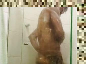 Black man taking a shower and jerking off his big cock