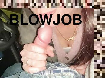 fest, skolejente, amatør, blowjob, cumshot, stor-pikk, tenåring, svelging, bil, pov