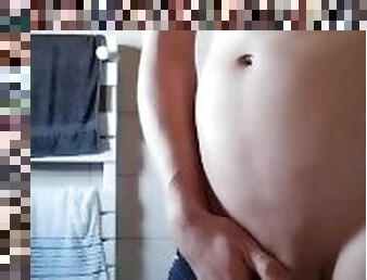 Horny twink in bathroom masturbates quick and cums - big cumshot