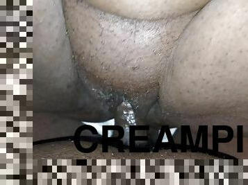 Quick creampie in her already creamy pussy