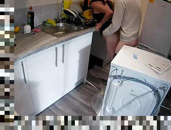 Wife seduces a plumber in the kitchen while husband at work