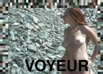 nudiste, en-plein-air, cam, plage, voyeur, rousse, natte, naturel, caché