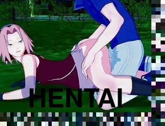 Sakura Haruno and Sasuke Uchiha have intense sex in a park at night. - Naruto Hentai