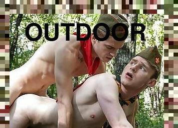 ScoutBoys - 2 short smooth scouts walk nude then fuck bareback in wood