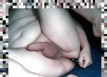Chubby guy playing with small dick and an anal toy and cumming