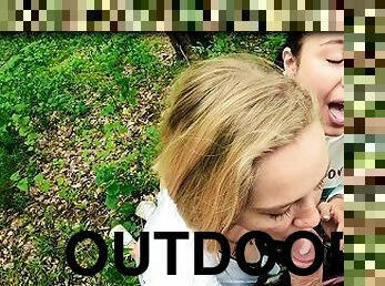 Two Girlfriends Suck Cock in the Woods - Threesome Outdoor Blowjob - Public POV