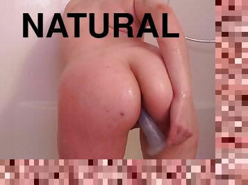 Getting wet and naughty with bubbles in the shower! Showing off natural tits and fucking a dildo