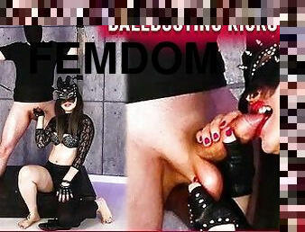 Cruel Femdom Ballbusting with Kicks and Handjob for Bound Slave  Era