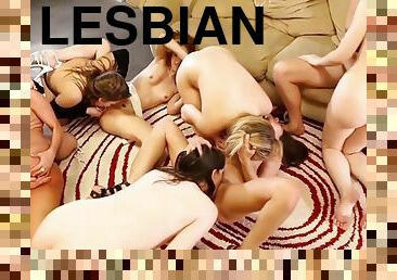 Nine chicks enjoy pussy fest in crazy lesbian orgy