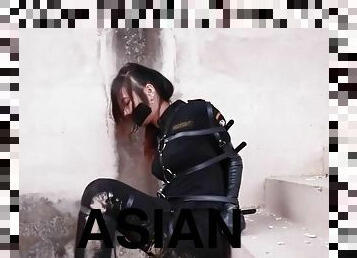 hær, asiatisk, udendørs, japans, bdsm, solo, kvælning, bondage, brunette, militær