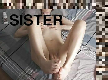 Sweet sister jerked off her stepbrother with her legs. Footjob.?