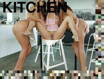 Alexis Crystal, Lilu Moon, and Sabrisse fucking in the kitchen