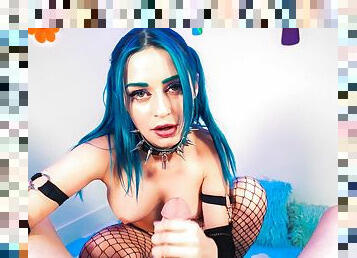 Blue-haired bitch in fishnets pleasures horny dude in POV