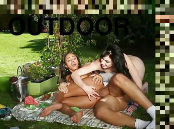 Hot babes Anya Ivy and Aria Alexander getting fucked outdoors