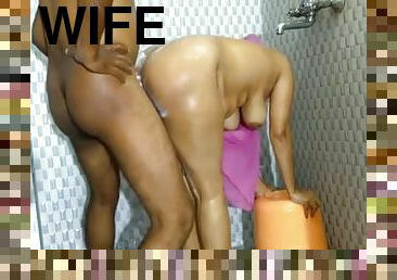 Bathroom fuck and cum with wife