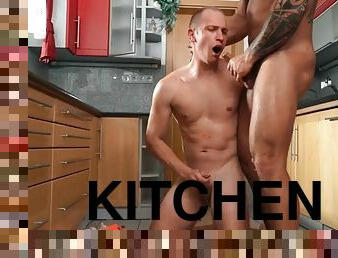 Dominant handsome without a condom and cums on the face from below in the kitchen